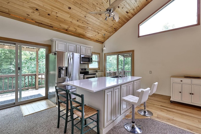 445 Elk Lake Resort Rd Unit 390, Owenton, KY 40359 - kitchen featuring stainless steel appliances, light wood-style floors, a breakfast bar, ceiling fan, and light countertops