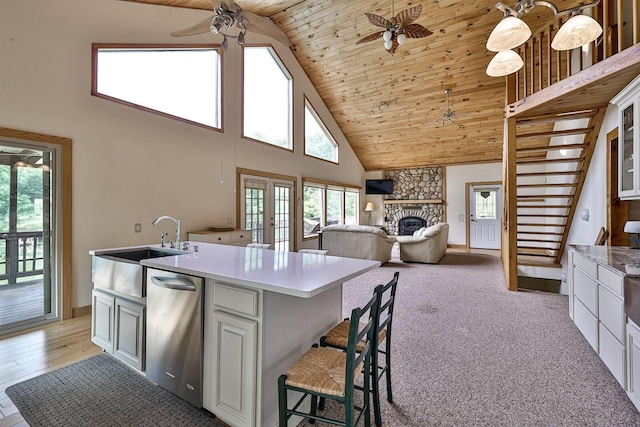 445 Elk Lake Resort Rd Unit 390, Owenton, KY 40359 - kitchen featuring a ceiling fan, stainless steel dishwasher, high vaulted ceiling, healthy amount of natural light, and wood ceiling