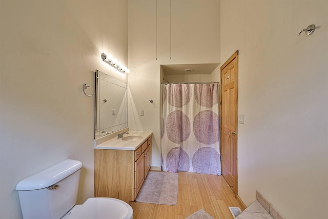 445 Elk Lake Resort Rd Unit 390, Owenton, KY 40359 - full bathroom featuring vanity, wood finished floors, a shower with curtain, and a towering ceiling