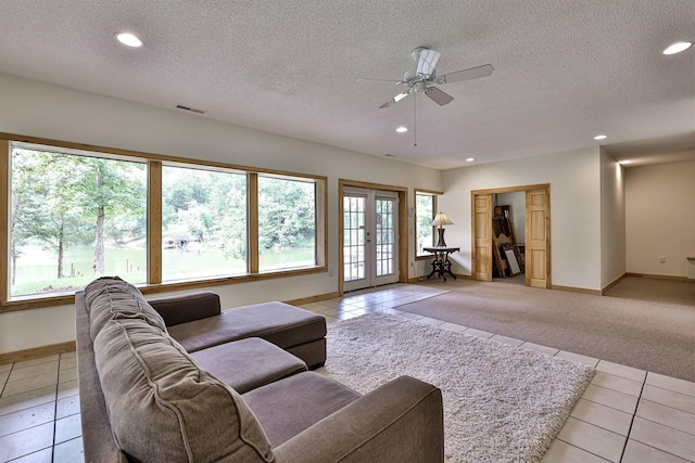 445 Elk Lake Resort Rd Unit 390, Owenton, KY 40359 - living room with a textured ceiling, a ceiling fan, light tile patterned floors, recessed lighting, and french doors