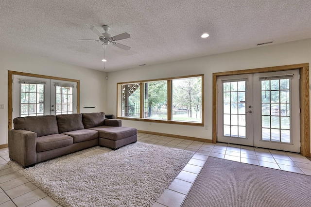 445 Elk Lake Resort Rd Unit 390, Owenton, KY 40359 - living room featuring french doors, light tile patterned floors, a textured ceiling, a ceiling fan, and recessed lighting