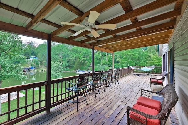 445 Elk Lake Resort Rd Unit 390, Owenton, KY 40359 - wooden deck featuring a ceiling fan, view of wooded area, and a water view