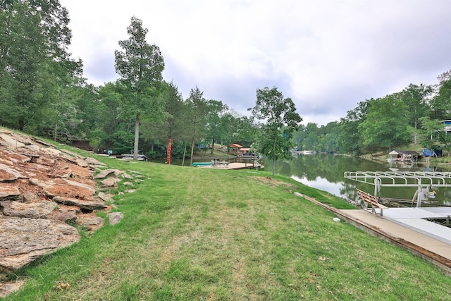 445 Elk Lake Resort Rd Unit 390, Owenton, KY 40359 - view of grassy yard with a dock, a water view, and a wooded view