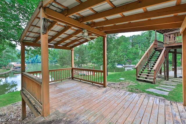 445 Elk Lake Resort Rd Unit 390, Owenton, KY 40359 - wooden terrace with ceiling fan, a water view, stairs, and view of scattered trees