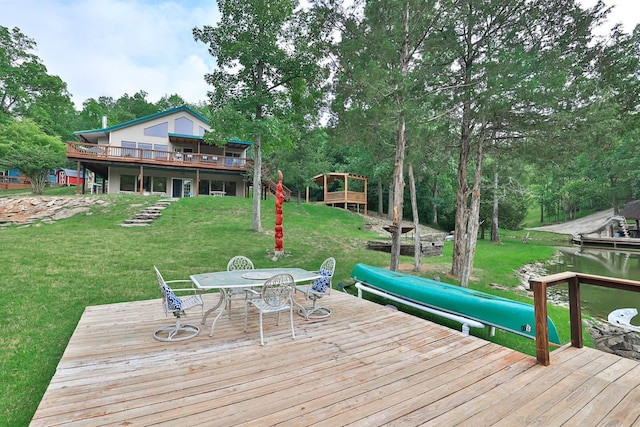 445 Elk Lake Resort Rd Unit 390, Owenton, KY 40359 - dock with a deck, a yard, outdoor dining space, and view of scattered trees