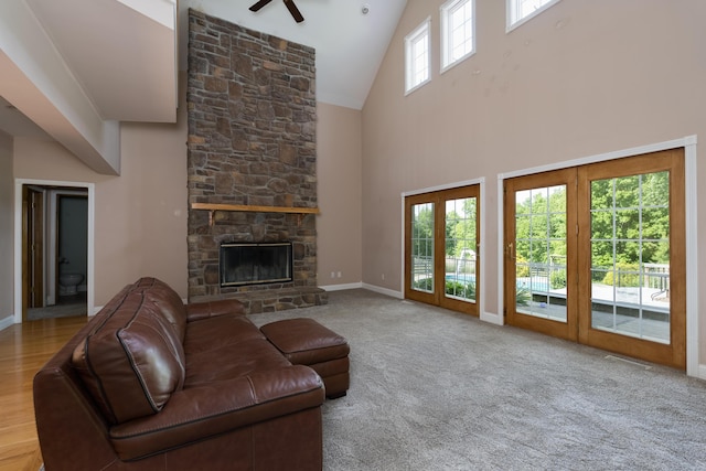 405 Alexander Rd, Crittenden, KY 41030 - unfurnished living room featuring high vaulted ceiling, ceiling fan, a fireplace, and carpet floors