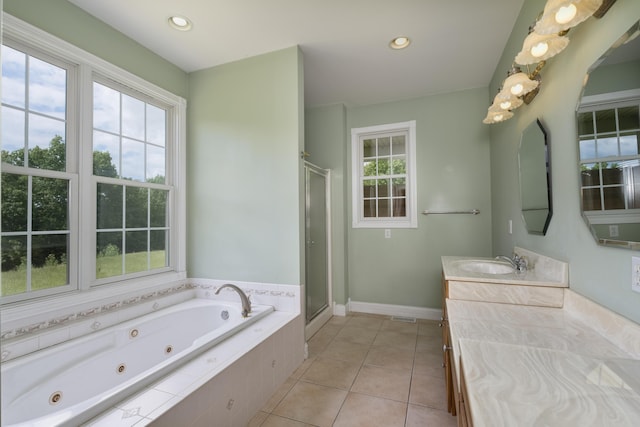 405 Alexander Rd, Crittenden, KY 41030 - full bathroom featuring vanity, a jetted tub, a shower stall, tile patterned flooring, and recessed lighting