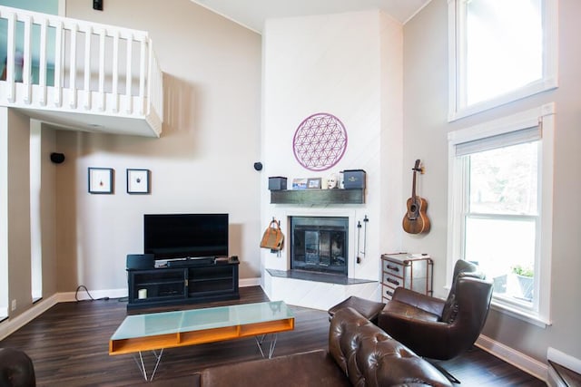108 Regency Ct, Highland Heights, KY 41076 - living room featuring a glass covered fireplace, wood finished floors, plenty of natural light, and a high ceiling