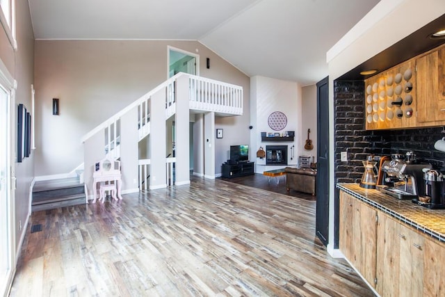108 Regency Ct, Highland Heights, KY 41076 - living area featuring wood finished floors, a large fireplace, a bar, and high vaulted ceiling