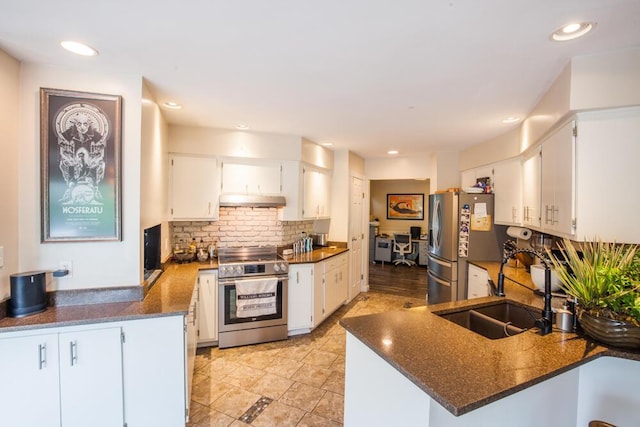 108 Regency Ct, Highland Heights, KY 41076 - kitchen with appliances with stainless steel finishes, tasteful backsplash, a peninsula, white cabinets, and under cabinet range hood