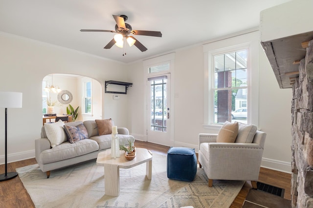 343 Rossford Ave, Fort Thomas, KY 41075 - living room with arched walkways, ornamental molding, wood finished floors, and a ceiling fan