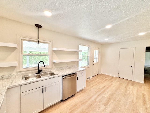 13165 Burns Rd, California, KY 41007 - kitchen featuring open shelves, dishwasher, light wood finished floors, white cabinetry, and a textured ceiling