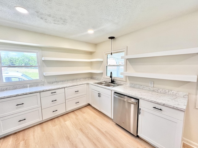 13165 Burns Rd, California, KY 41007 - kitchen with open shelves, stainless steel dishwasher, a textured ceiling, white cabinets, and light wood finished floors