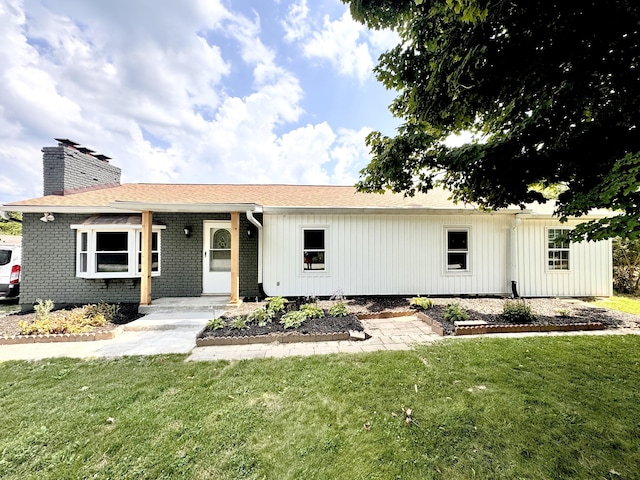 13165 Burns Rd, California, KY 41007 - ranch-style house featuring a chimney, a front yard, and brick siding
