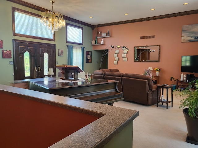 5809 Taylor Mill Rd, Covington, KY 41015 - living area featuring crown molding, a chandelier, light colored carpet, and recessed lighting