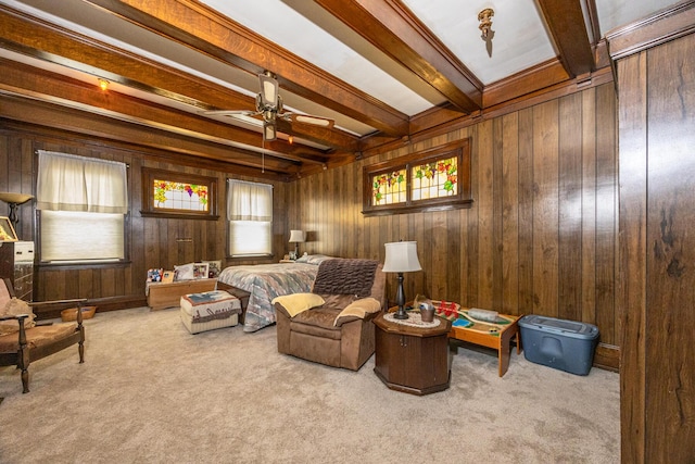 321 6th Ave, Dayton, KY 41074 - sitting room with carpet flooring, beam ceiling, wooden walls, and ceiling fan