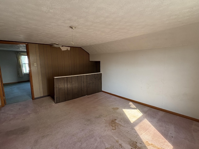 617 Woolery St, Falmouth, KY 41040 - bonus room featuring a textured ceiling, carpet flooring, lofted ceiling, and wooden walls