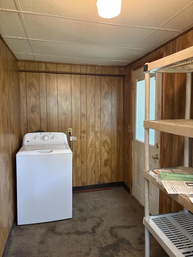 617 Woolery St, Falmouth, KY 41040 - laundry room featuring washer / dryer, wood walls, and carpet