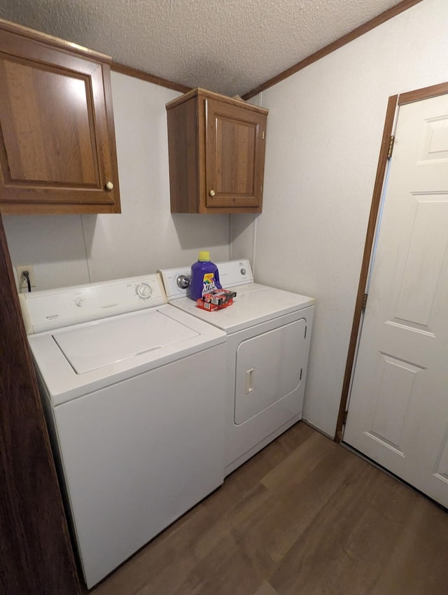 113 Lynn Ln, Falmouth, KY 41040 - washroom featuring washer and dryer, cabinet space, wood finished floors, a textured ceiling, and ornamental molding