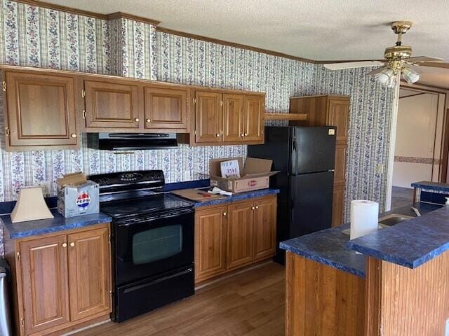 113 Lynn Ln, Falmouth, KY 41040 - kitchen featuring black appliances, wallpapered walls, under cabinet range hood, wood finished floors, and a ceiling fan