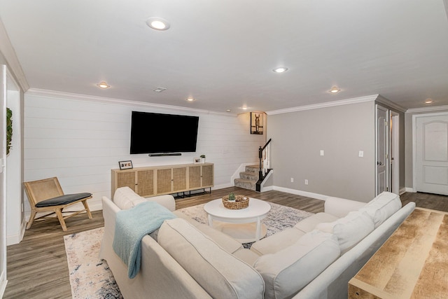 1312 Deer Hollow Ct, Hebron, KY 41048 - living room featuring stairway, wood finished floors, crown molding, and recessed lighting