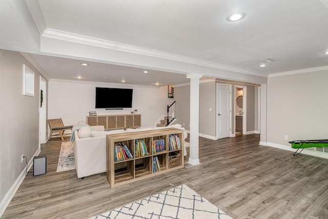 1312 Deer Hollow Ct, Hebron, KY 41048 - living area with stairway, wood finished floors, recessed lighting, and ornamental molding
