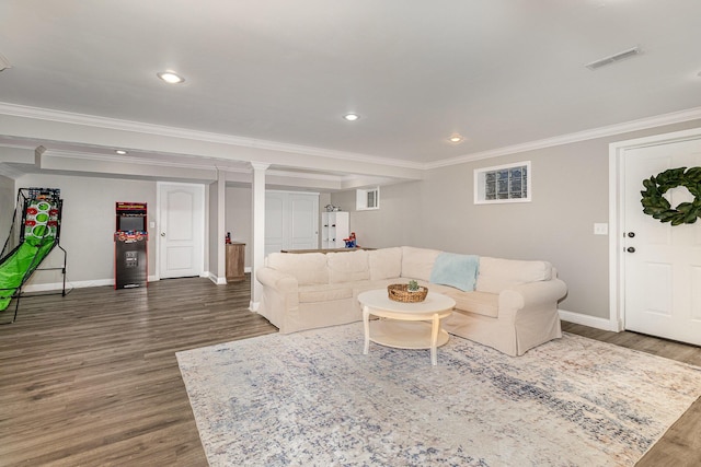 1312 Deer Hollow Ct, Hebron, KY 41048 - living room featuring crown molding, wood finished floors, and recessed lighting