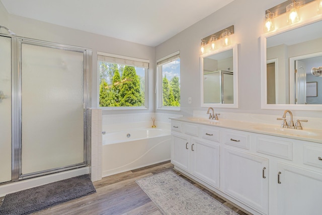1312 Deer Hollow Ct, Hebron, KY 41048 - bathroom featuring a stall shower, double vanity, a bath, and wood finished floors
