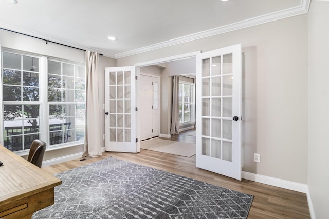 1312 Deer Hollow Ct, Hebron, KY 41048 - home office with french doors, ornamental molding, wood finished floors, and recessed lighting