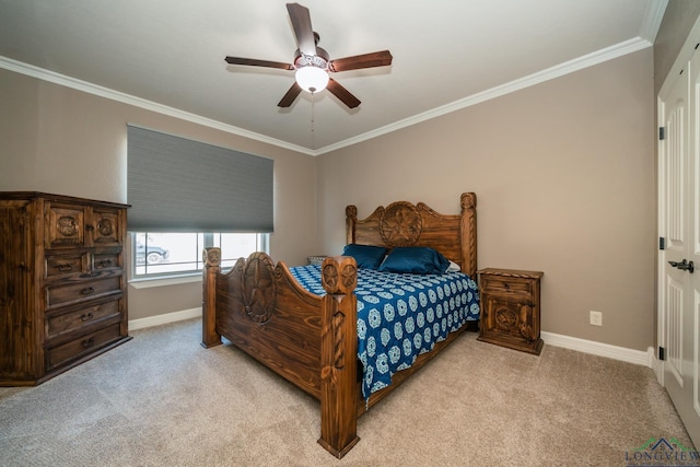 bedroom with light carpet, ceiling fan, and crown molding