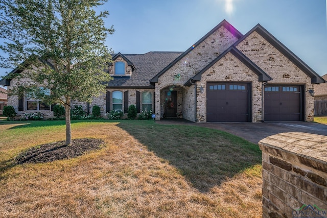 view of front of house featuring a garage and a front lawn