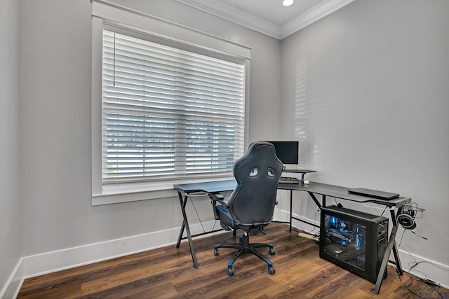 office area with wood finished floors, baseboards, and ornamental molding