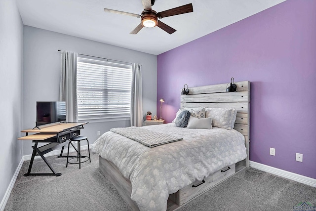 bedroom featuring carpet flooring, a ceiling fan, and baseboards