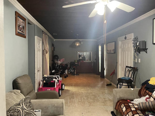 423 S Mobberly, Longview, TX 75602 - living room featuring ornamental molding and ceiling fan