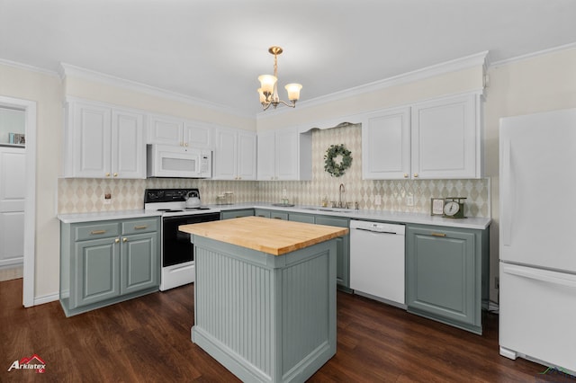 210 Southview Dr, Henderson, TX 75654 - kitchen featuring white appliances, wood counters, a sink, a chandelier, and white cabinetry