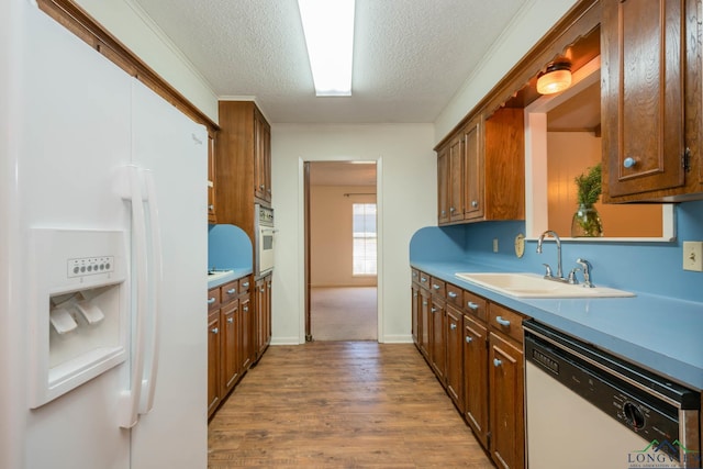 kitchen featuring a textured ceiling, sink, light hardwood / wood-style floors, and white appliances