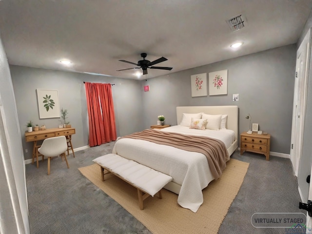 carpeted bedroom with ceiling fan