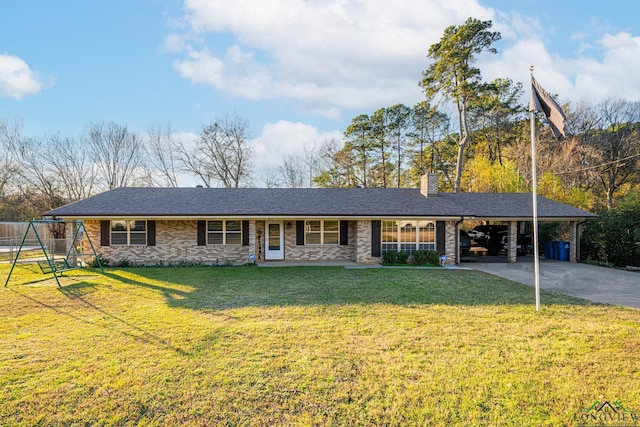 ranch-style house with a playground, a chimney, a front yard, a carport, and driveway