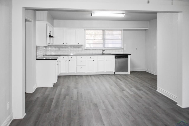 kitchen with dark wood-type flooring, sink, dishwasher, white cabinets, and backsplash