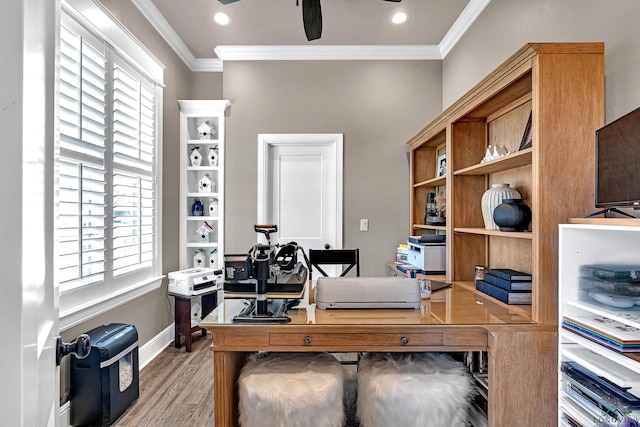 home office with hardwood / wood-style floors, crown molding, and ceiling fan