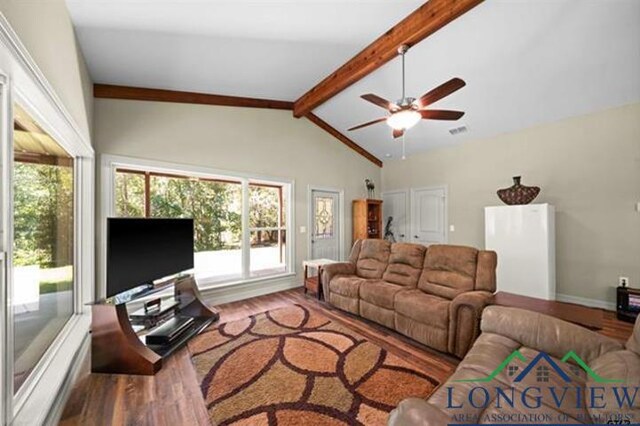 living room featuring lofted ceiling with beams, ceiling fan, and wood-type flooring