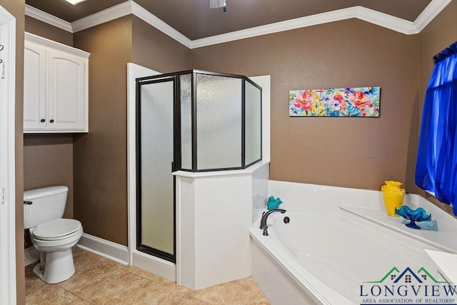 bathroom featuring plus walk in shower, tile patterned floors, toilet, and crown molding