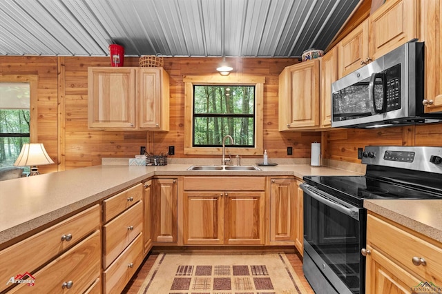 12493 S State Highway 87, Shelbyville, TX 75973 - kitchen featuring appliances with stainless steel finishes, a sink, light countertops, and wooden walls