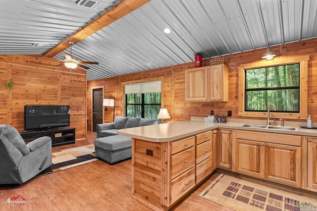 12493 S State Highway 87, Shelbyville, TX 75973 - kitchen with a sink, open floor plan, wooden walls, light wood-style floors, and light countertops