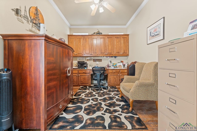 office space featuring ceiling fan, dark hardwood / wood-style flooring, and ornamental molding