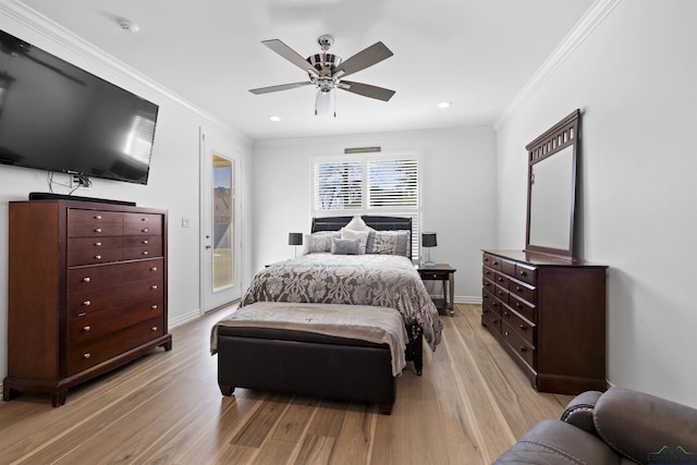 113 Saddle Brook Cir, Hallsville, TX 75650 - bedroom featuring crown molding, light wood finished floors, access to outside, ceiling fan, and recessed lighting