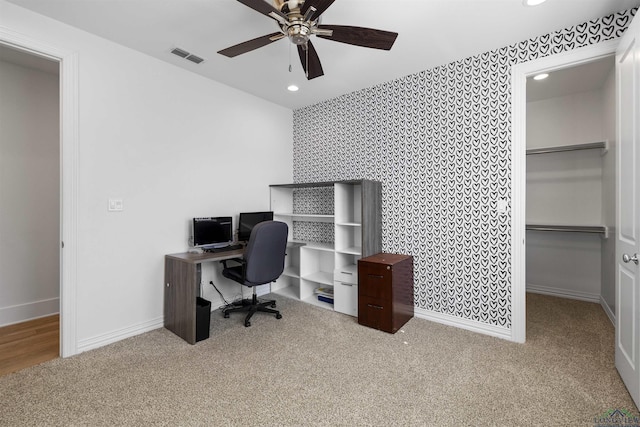 113 Saddle Brook Cir, Hallsville, TX 75650 - carpeted office space with wallpapered walls, an accent wall, recessed lighting, and ceiling fan