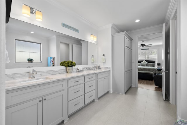 113 Saddle Brook Cir, Hallsville, TX 75650 - full bathroom featuring ensuite bathroom, double vanity, ornamental molding, a ceiling fan, and recessed lighting