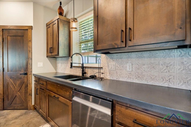 15136 Fm 852, Gilmer, TX 75644 - kitchen with stainless steel dishwasher, backsplash, dark countertops, and decorative light fixtures