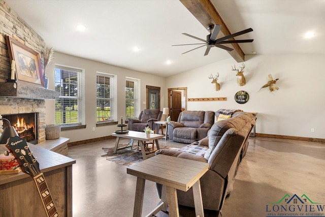 15136 Fm 852, Gilmer, TX 75644 - living room featuring finished concrete flooring, a ceiling fan, a fireplace, and recessed lighting